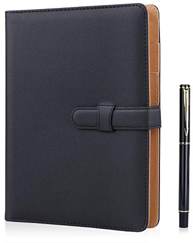 Minlna - Taccuino in pelle, formato A5, ricaricabile, 200 pagine spesse, classico foderato con tasca e portapenne (nero)