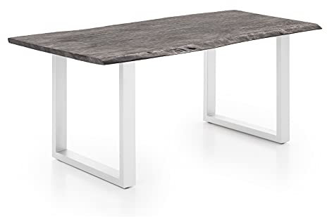 Woodkings® Esstisch Bullwer Holz Akazie grau, Metallfuß weiß, Tisch mit Baumkante, Baumtisch, Baumkantentisch, Echtholz modern, Design, Massivholz, Küchentisch, Esszimmermöbel (140 x 90 cm, weiß)