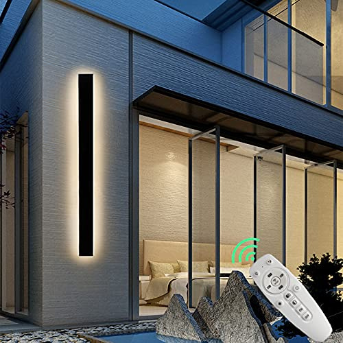 Außenwandleuchte LED Wandlampe mit Fernbedienung Dimmbar Wasserdichte IP65 Moderne Außenleuchte Lang Streifen Wandleuchte Schwarz Außenlampe Garten Front Badezimmer Veranda Garage Wandspots,60cm 56w
