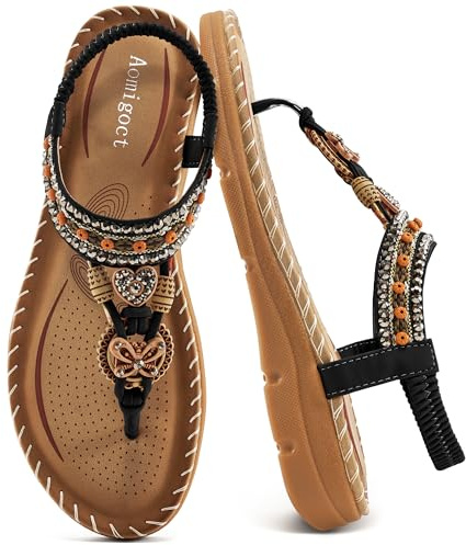 Aomigoct Sandals Women Flat Shoes: Dressy Summer Bohemian Flats Shoes for Women Sandals Comfortable Ankle Strap Outdoor Walking