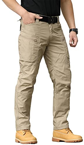 CARWORNIC Taktiska vandringsbyxor för män, lätt rip-stop, för strid, arbete, cargobyxor med flera fickor, Khaki, 36W x 32L