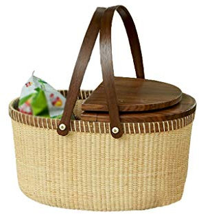MXXHFC Rattan-Korb, handgeflochtener Garten-Picknickkorb, großer Aufbewahrungskorb, Einkaufskorb, Deckel (Color : White Cork Wood) (Black Walnut)