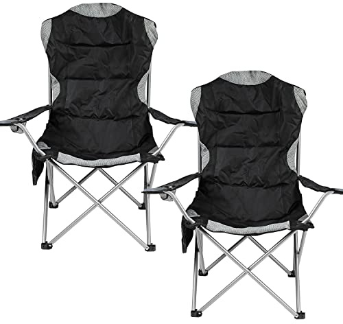 Taylor & Brown Set of 2 Deluxe Folding Camp Chair - Portable Chairs with Cup Holder, Mesh Side Pocket & Bag Perfect for Camping, Festivals, Garden, Caravan Trips, Fishing, Beach & BBQs - Black/Grey