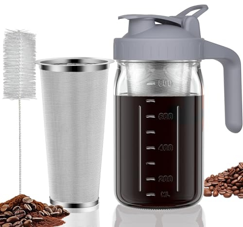 Cold Brew Coffee Maker Pitcher, 32 oz Thick Glass Mason Jar Spout Lid with Handle & Stainless Steel Filter for Iced Brew Coffee, Ice Lemonade, Sun Tea, Fruit Drinks Container