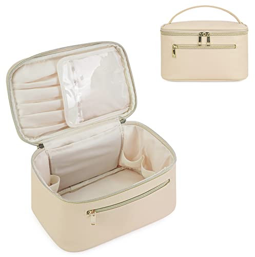 Kosmetiktasche Damen Schminktasche Groß Reise Make Up Tasche mit Bürstenfach Organizer Kulturbeutel PU-Leder Tragbare Makeup Bag, Beige (Patent Angemeldet)