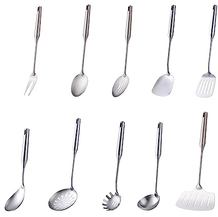 BUYER STAR Kitchen Utensil Set - 10-Piece 18/8 Stainless Steel Cooking Utensils, Silver Titanium Plated Set Kitchen Tools Gadgets Accessories Spoons Turners Spatula Ladle Set