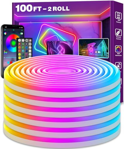 100Ft Neon Rope Lights,Flexible Led Rope Lights Control with App/Remote,Multiple Modes Rope Lights,IP65 Outdoor RGB Led Neon Lights Waterproof,Music Sync Gaming Led Neon Light Strip for Bedroom Decor