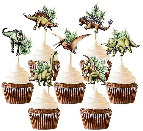 28Stk Realistische Dinosaurier Cupcake Toppers Jurassische Farne Dinosaurier Torten Topper für Babyparty Kinder Dinosauriere Geburtstagskuchen Dekorationen Jurassic Park Party Dekorationen