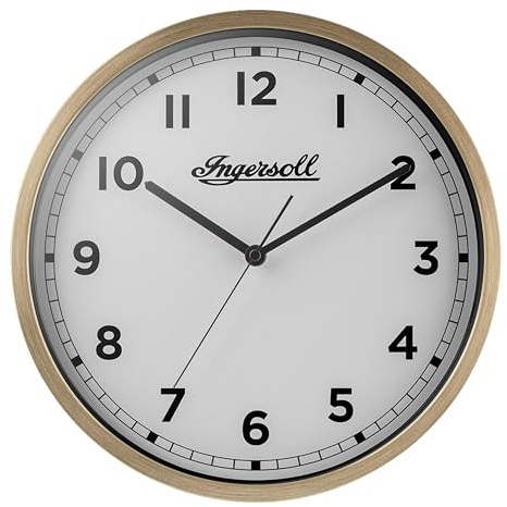Ingersoll Analoge Wanduhr, leicht ablesbar, 30 cm Durchmesser in goldfarbenem Gehäuse mit weißem Zifferblatt