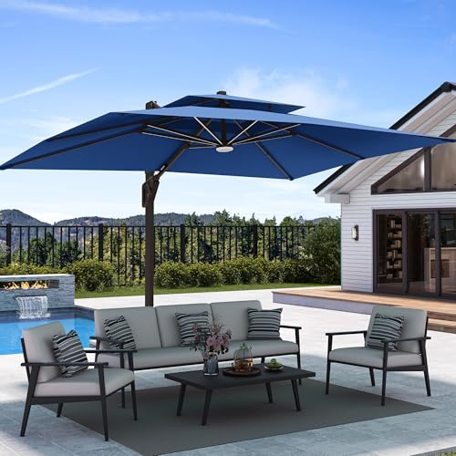 9' X 12' Patio Umbrella with LED Lights Outdoor Cantilever Large Rectangle Offset Umbrellas Heavy Duty Aluminum Double Top with 360-degree Rotation for Pool Garden Deck, Navy