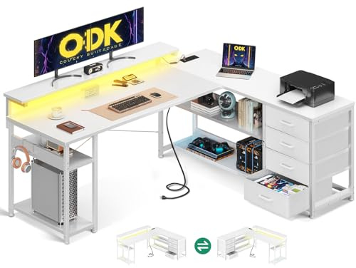ODK L Shaped Corner Desk with Drawers, Power Outlet & LED Lights, 155×110cm | Gaming Computer Desk with Storage, Socket, Monitor Shelf, Reversible Design for Home Office Workstation, Study, White