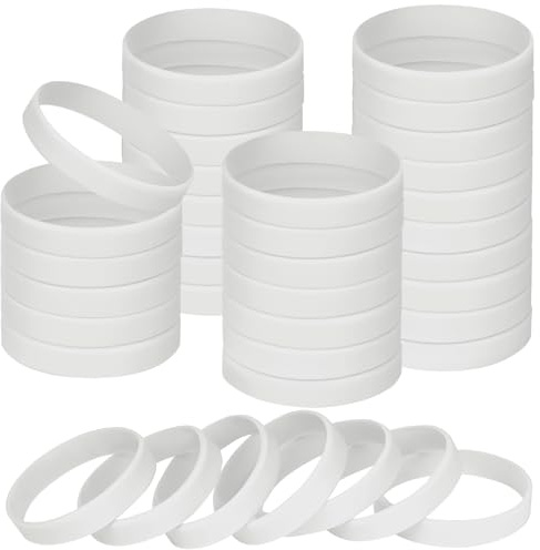 NAHRMY 8 inch Silicone Wristbands Blank White Rubber Bracelets for Adult, 60 pcs Sports Party Silicone Elastic Wristband Bulk Bracelet Bands for Events School Teacher Supplies