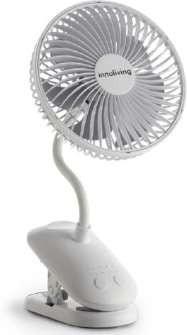 Innoliving Ventilateur pliable rechargeable sans fil, hauteur réglable, 3 vitesses, angle 90°, batterie lithium 1800 mAh, charge USB, portable, pratique (blanc, 15 cm pliable avec clip)