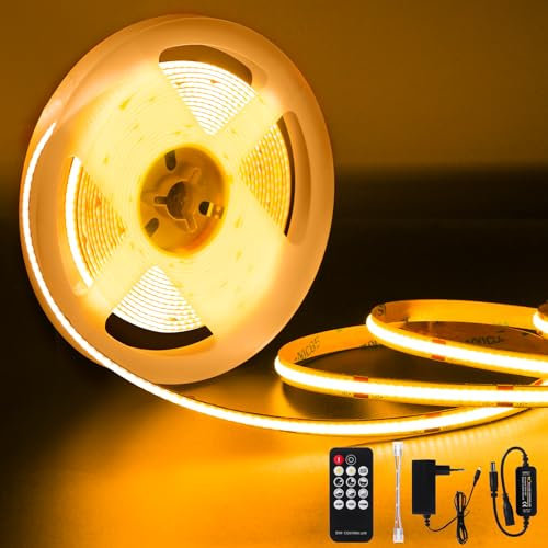Amdelne Cob Tira Led 2700k, 5M Regulable, Juego De Tiras De Luces Led Cob, Con Fuente De AlimentacióN Y Control Remoto, Luz Debajo Del Gabinete CRI90+, Para Dormitorio/Cocina/DecoracióN Del Hogar