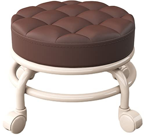 GYQIZIO Drehbarer niedriger Hocker auf 4 Rädern, Wohnzimmer-Eingangswechselschuhe Rollhocker mit rundem PU-Sitz und lackiertem Rahmen, Höhe 25 cm (Farbe: Braun)