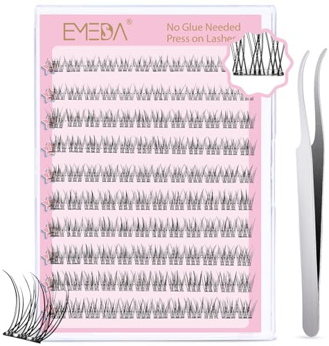 EMEDA selbstklebende natürliche Wimpern, Kleberlose Wimpernbüschel Kit 10mm - 13mm 120pcs Wimpern zum Aufdrücken, Kein Kleber erforderlich Vorgeklebte Wimpernbüschel mit Pinzetten-Set(Fishtail mix)