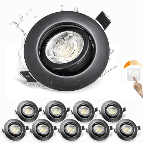 Karyoosi 10er LED Einbaustrahler Schwarz 7W 600LM, LED Spot Kaltweiß 6500K, 3 Stufen Dimmbar Einbauleuchten Flach, IP44 Bad Einbauleuchten Deckenspots Deckenstrahler, AC220-240V