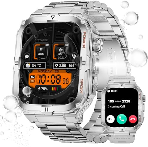 Military Smart Watch for Men with LED Flashlight 3ATM Waterproof 1.96 Big Screen Rugged Tactical Smartwatch with Call Sports Fitness Tracker with Heart Rate Sleep Monitor for iPhone Android (Silver)
