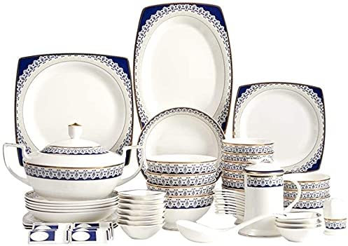 IUBGFTO Geschirr-Sets, 60-teiliges Geschirrset aus Knochenporzellan in Blau und Weiß im nordischen Stil und luxuriösem Design für 8 Personen