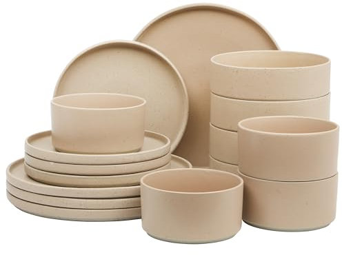 Gibson Elite Tatum Premium Porcelain Matte Reactive Glaze 16-Piece (Service for 4) Plates and Bolws Stackable Dishes Ceramic Dinnerware - Blush Pink/Taupe