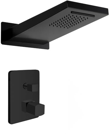 Set Doccia Completo Di Miscelatore Con Deviatore A 2 Vie E Soffione A Sbalzo 22x50 Cm Con Cascata Ed Effetto Pioggia In Finitura Nero Opaco Lotus