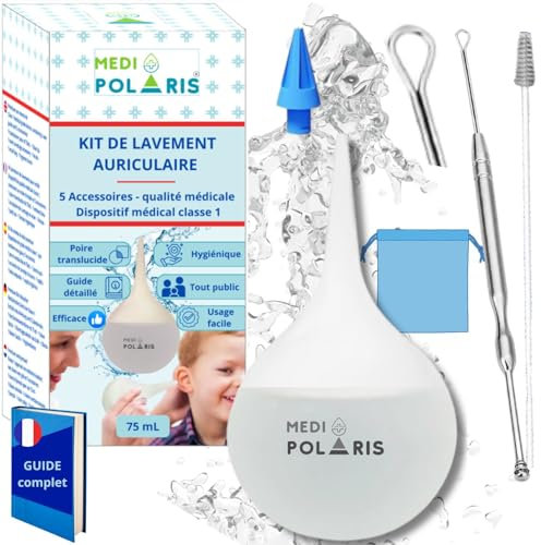 MEDIPOLARIS | Kit poire lavement auriculaire, seringue oreille, translucide 75mL, 5 accessoires d'irrigation des oreilles + cure oreille réutisable