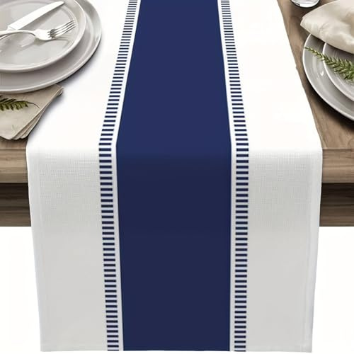 Tischläufer mit maritimen Streifen, moderne Esstischdekoration, Party-Dekoration, 33 x 183 cm, Marineblau und Weiß