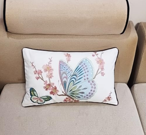 ZUODUTEX Embroidery 3D Blue Butterfly Cushion Cover, Cream, 30 x 50 Cm | Throw Pillow Cover, 12 x 20 Inch, Bohemian, Housewarming, Car Home Cushion Protector