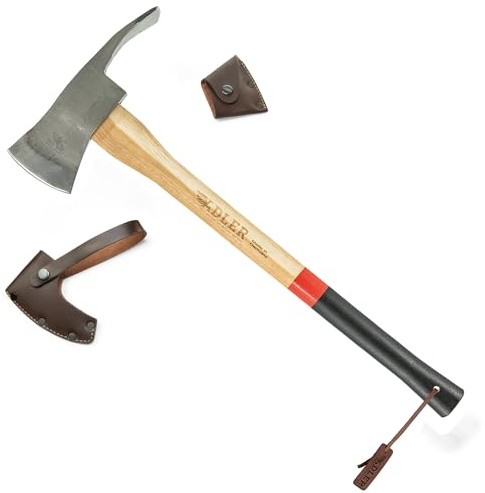 Adler Pulaski Axe – German Made Dual-Head Axe & Hoe Tool for Camping, Trail Work, Excavation, Forestry, Land Management, Survival Outdoor, 3-1/2 lb Head, 27.5 Hickory Handle w/ 2 Leather Sheaths (A8)