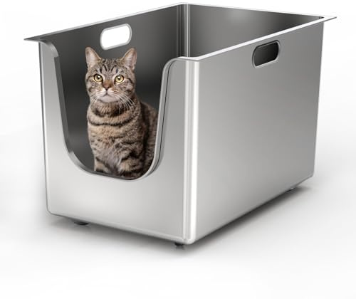 PTLOM Food Grade Stainless Steel Large Cat Litter Tray XL: 13.7'' High Sides, Rust-Proof, Leak-Proof. Low Entry for Senior Cats, Wheels for Easy Moving—Great for Multi-Cat Households.