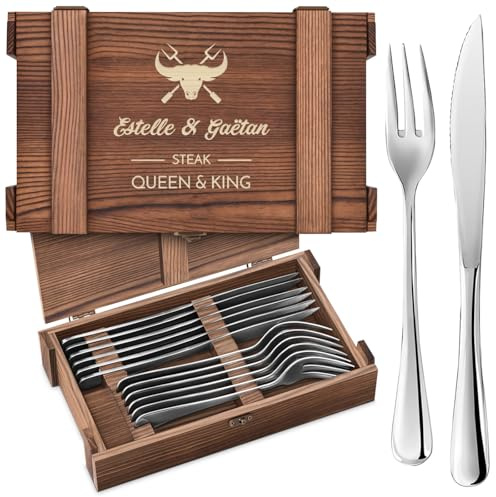 Maverton Couverts de Table à Steak - 6 Couteaux a Steak et 6 Fourchette a Viande dans un Coffret Cadeau Couple Personnalisé - Set De Table avec Boîte en Bois - Cadeau Personnalisé Femme