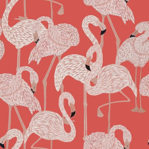 VEELIKE Tapete Flamingo Koralle Rosa Mustertapete 44.5 cm x 300 cm Wassermelonen Rosa Blumentapete Selbstklebende Tapete Vintage Fototapete Schlafzimmer Kinderzimmer Badezimmer Mieterfreundliche