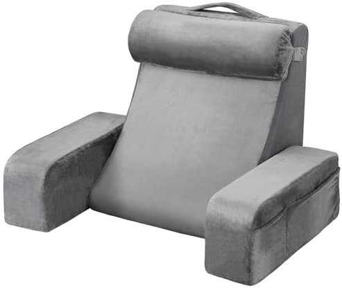 VEVOR Cuscino da Lettura per Schienale del Letto con Braccioli e 3 Tasche, Grande Cuscino da Letto con Supporto per Collo Rimovibile e Spugna 25D, per Leggere, Giocare, Riposare, Lavorare, Grigio