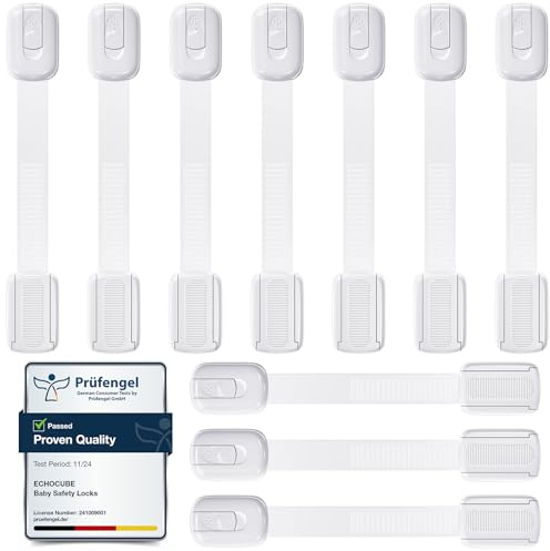 ECHOCUBE Lås för barnsäkerhetsskåp（10-pack）, Justerbara babysäkra skåplås med 3M-lim, Babysäkerhetslås för flera skåp, Lådor, Kylskåp, Toalett, Skräp behövs ingen borrning (Vit)