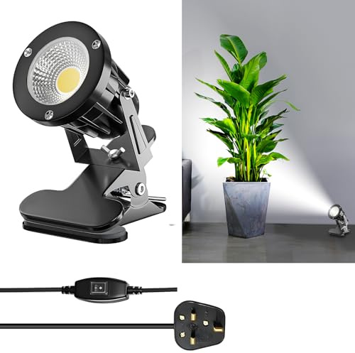 HomiShine LED Clip on Spot Light with On/Off Switch, IP65 Waterproof Plug in Spot Lights Plant Uplighters for Indoor Outdoor, 7W Clamp Lamp Garden Spotlight Mains Powered, 2M Cord, Cool White