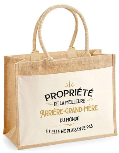 Planetee Cabas jute avec poche Propriété de la Meilleure Arrière-grand-mère Cadeau Mamie Fête des Grands-Mères Sac Shopping Courses Anniversaire Femme Humour Original
