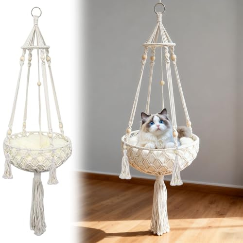 Handgeknüpfte Katzen Hängeschaukel mit Kissen & Aufhängung, Katzenhängebett & Hängematte für gemütliches Schlafen & Entspannen (40CM)