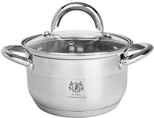 KARL HAUSMANN Olla de Acero Inoxidable con Tapa - Cacerola para Todo Tipo de Cocinas Incluida Induccion - Escala de Medición - Orificios de Ventilación - Cazuela de Cocina (1.3L - 14 cm)