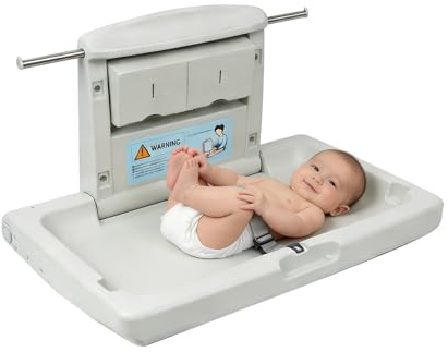 PXNTLA – Cambiador bebe plegable de pared, cambiador de bebe para baños públicos con cinturón de seguridad ajustable, ganchos laterales y cajas de almacenamiento plegables