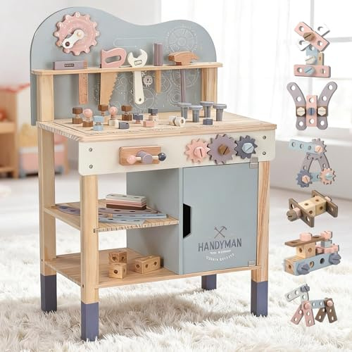 M MEEPO Banco de herramientas para niños, banco de trabajo de madera de gran tamaño para niños pequeños, banco de herramientas de tamaño grande para 2 a 3 niños, con juego de herramientas de juego de