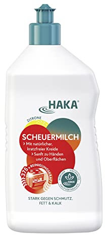 HAKA Scheuermilch, 750 ml, entfernt Kalk, Fett & Schmutz, ohne Kratzer, materialschonende Reinigung mit natürlicher Kreide, hautfreundlich, vegan, Zitronenduft