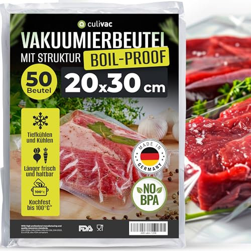 culivac 50 Vakuumierbeutel 20x30cm Vakuumbeutel kochfest Kochbeutel Folienbeutel Vakuumierfolie für sous vide und wallendes Kochen 100°C bis 16 Stunden, Made in Germany, BPA-frei