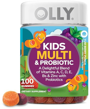 OLLY Kids Multivitamin & Probiotic Gummy, Digestive Support, Vitamins A, D, C, E, B, Zinc, Chewable Supplement, Berry Flavor, 50 day supply - 100 Count