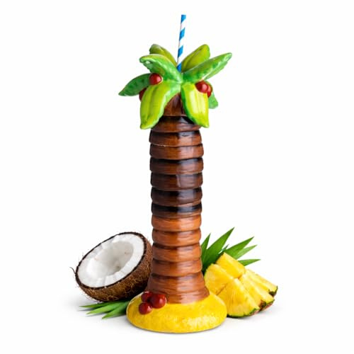 bar@drinkstuff Ceramic Palm Tree Tiki Mug with Leaf Lid – 630ml / 22oz Tropical Cocktail Cup for Tiki Drinks, Rum Punch & Party Serving