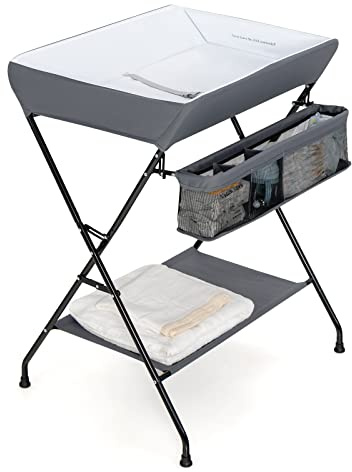 Costzon Changing Table, Portable Baby Changing Table Foldable Diaper Changing Station with Safety Belt, Large Storage Rack & Shelf, Nursery Organizer for Newborn Infant (Dark Gray)