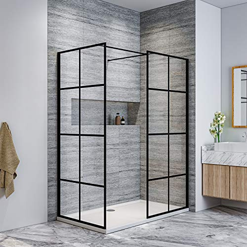 ELEGANT 800x700mm Shower Screen Wet Room Reversible Walkin Shower Door 2 Pieces of 8mm Safety Glass Shower Panel Frameless Stain Black Grid Painted Shower Cubicle for Bath