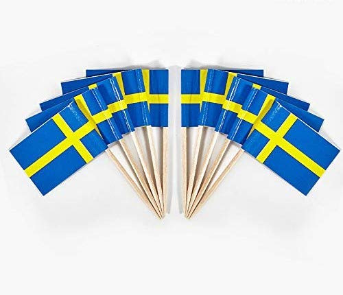 JAVD CYPS 100 Stück Schwedische Flagge Zahnstocher-Flaggen, kleine Mini-Stick-Cupcake-Topper, Schweden-Flaggen, Land-Picks, Party-Dekoration, Feier, Cocktail, Essen, Bar, Kuchenflaggen