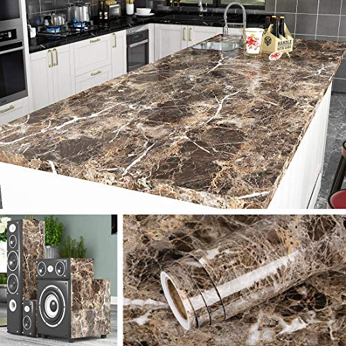 Livelynine 40CMX10M Pellicola Marmo Adesivo Marrone Pellicola Adesiva per Scrivania Tavolo Top Cucina Piano Lavoro Carta Adesiva Marmo per Mobili Marmi Adesivo Rivestimento Cucina Lavabile Laminato