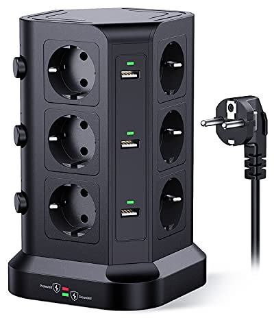 KOOSLA Multipresa protezione sovratensione(4000W/16A), Ciabatta multipresa verticale con 12 prese e 6 slot USB-A, Torretta multipresa con 3 interruttori indipendenti, 2M Cavo, Nero