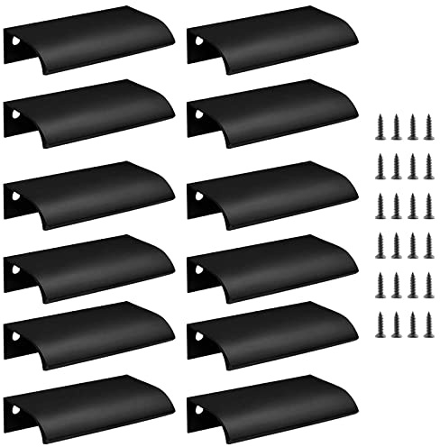 Cjueiom Concealed Kitchen Cupboard Handles, 80mm, Black, 12 Pack | 64mm Hole Center, Hidden Drawer Pulls, Finger Edge Pull, Aluminum, Invisible Door Knob for Wardrobe